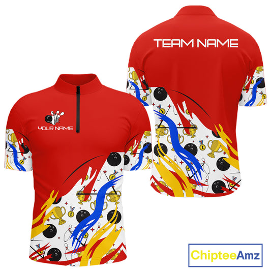 Red Bowling pattern Bowling Team Polo, Quarter Zip Shirt For Men Custom Mens Bowling Jersey NQS10825