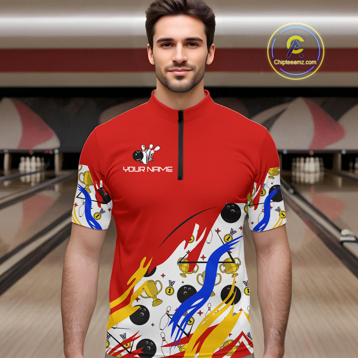 Red Bowling pattern Bowling Team Polo, Quarter Zip Shirt For Men Custom Mens Bowling Jersey NQS10825
