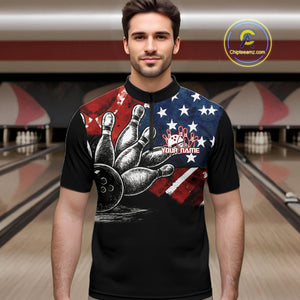 Personalized American Flag Bowling Team Shirts For Men, Patriotic Bowling Gifts NQS10829