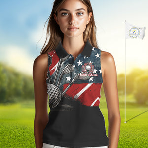 Personalized American Flag Sleeveless Golf Polo Shirts For Women, Patriotic Golf Gifts NQS10830