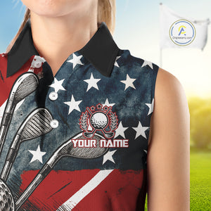 Personalized American Flag Sleeveless Golf Polo Shirts For Women, Patriotic Golf Gifts NQS10830