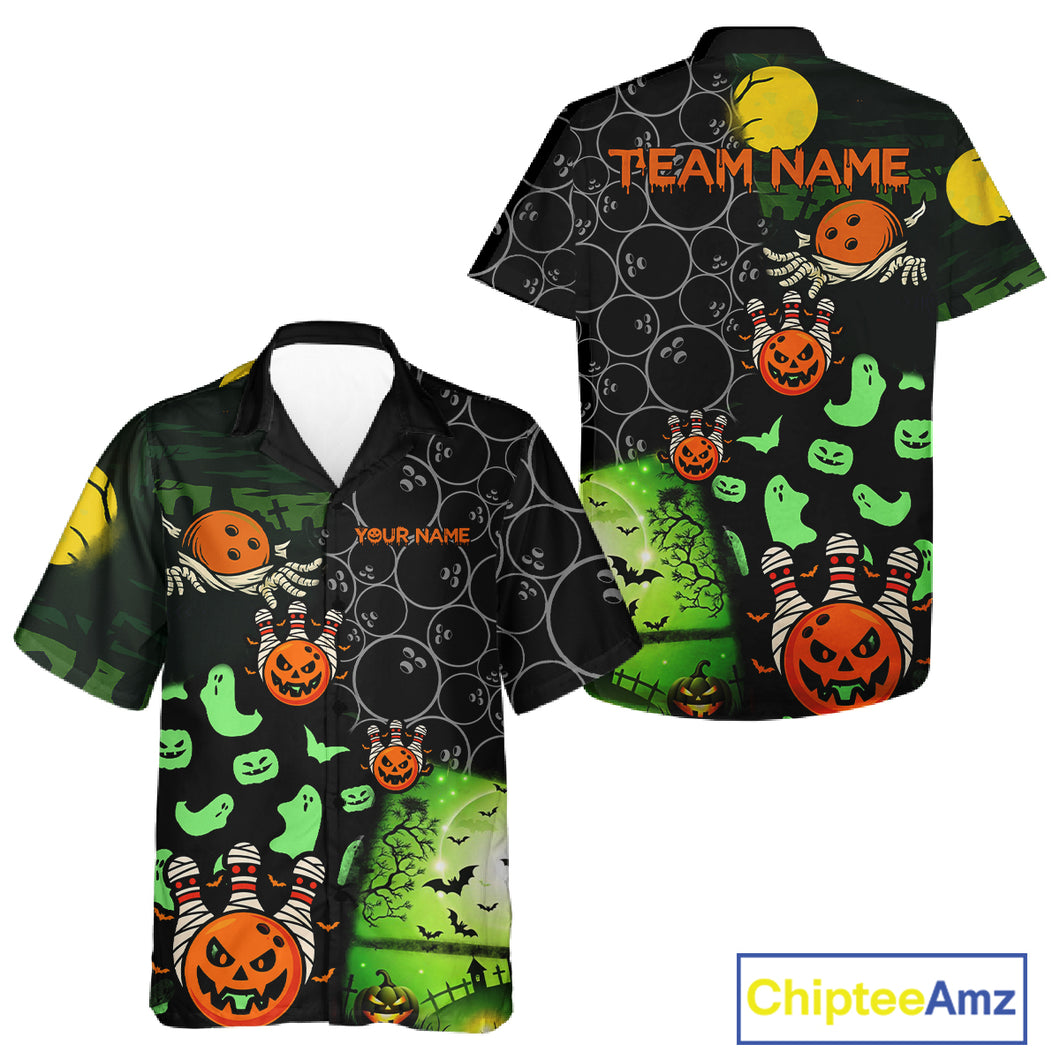 Custom Funny Halloween Team Bowling Hawaiian Shirt, Personalized Halloween Bowling Gifts NQS10833