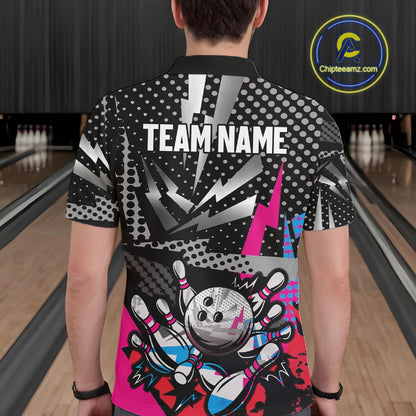 Colorful Lightning pattern Bowling Polo, Quarter Zip Shirts For Men Custom Team Bowling Jerseys NQS11202