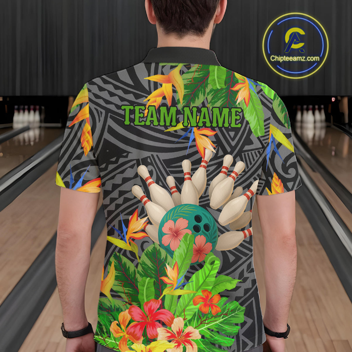 Green tropical flower tribal pattern Bowling Shirts For Men Custom Bowling Team Jersey Bowlers Outfit NQS11005
