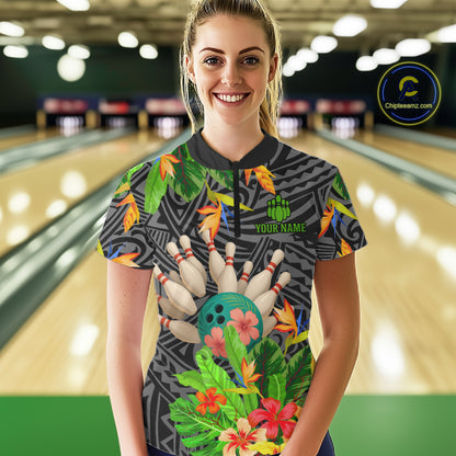 Green tropical flower tribal pattern Bowling Shirts For Women Custom Bowling Team Jerseys Outfit NQS11005