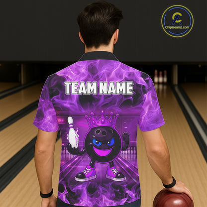 Funny Crown Bowling Purple Flame Bowling Button-up Shirt Custom Hawaiian Bowling Team Jersey NQS11721