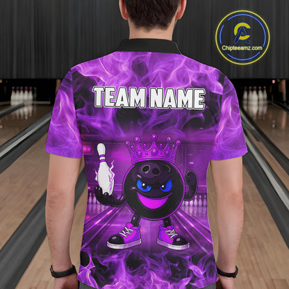 Funny Crown Bowling Purple Flame Bowling Polo, Quarter Zip Shirt For Men Custom Bowling Team Jersey NQS11721