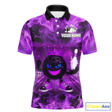 Load image into Gallery viewer, Funny Crown Bowling Purple Flame Bowling Polo, Quarter Zip Shirt For Men Custom Bowling Team Jersey NQS11721