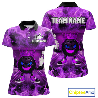 Funny Crown Bowling Purple Flame Bowling Polo, Quarter Zip Shirt For Women Custom Bowling Team Jersey NQS11721