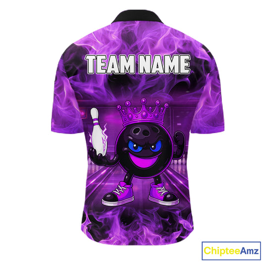 Funny Crown Bowling Purple Flame Bowling Polo, Quarter Zip Shirt For Men Custom Bowling Team Jersey NQS11721