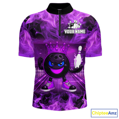 Funny Crown Bowling Purple Flame Bowling Polo, Quarter Zip Shirt For Men Custom Bowling Team Jersey NQS11721