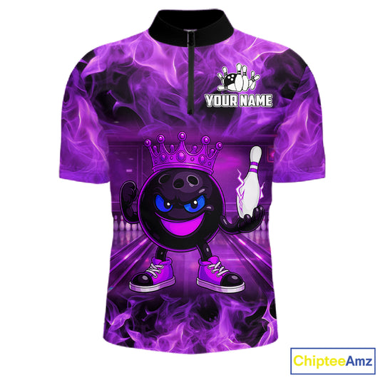 Funny Crown Bowling Purple Flame Bowling Polo, Quarter Zip Shirt For Men Custom Bowling Team Jersey NQS11721