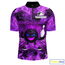 Load image into Gallery viewer, Funny Crown Bowling Purple Flame Bowling Polo, Quarter Zip Shirt For Men Custom Bowling Team Jersey NQS11721