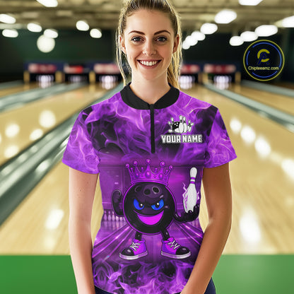Funny Crown Bowling Purple Flame Bowling Polo, Quarter Zip Shirt For Women Custom Bowling Team Jersey NQS11721
