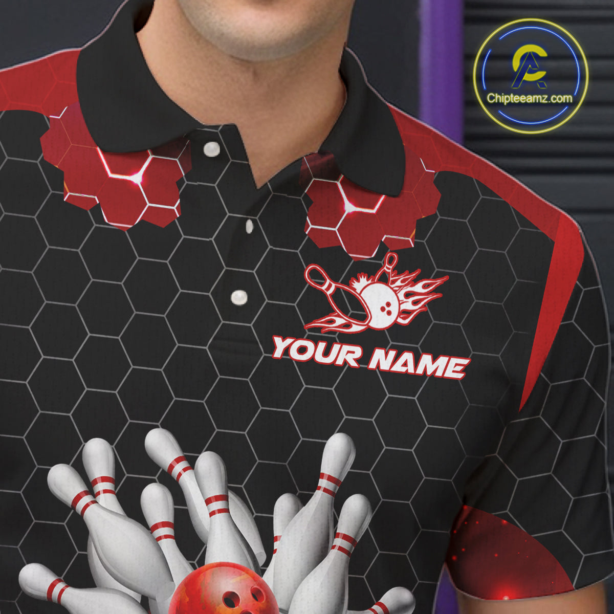 Black and Red Hexagon pattern Bowling Shirts For Men custom bowling team jersey with name NQS11020