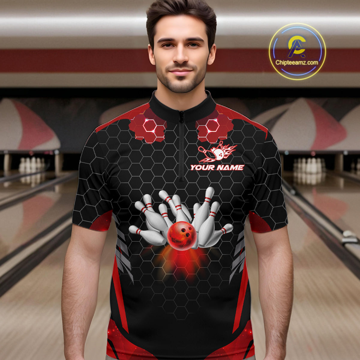 Black and Red Hexagon pattern Bowling Shirts For Men custom bowling team jersey with name NQS11020