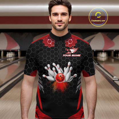 Black and Red Hexagon pattern Bowling Shirts For Men custom bowling team jersey with name NQS11020