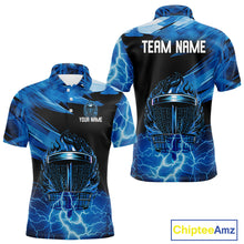 Load image into Gallery viewer, Black and Blue Flame Lightning Thunder Disc golf polo shirts For men Custom Mens disc golf attire NQS10846