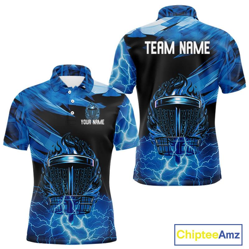 Black and Blue Flame Lightning Thunder Disc golf polo shirts For men Custom Mens disc golf attire NQS10846