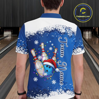 Blue and White snowflake Christmas Bowling Shirts For Men custom Xmas bowling team jersey with name NQS11026