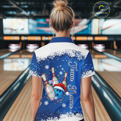 Blue and White snowflake Christmas Bowling Shirts For Women custom Xmas bowling team jersey with name NQS11026