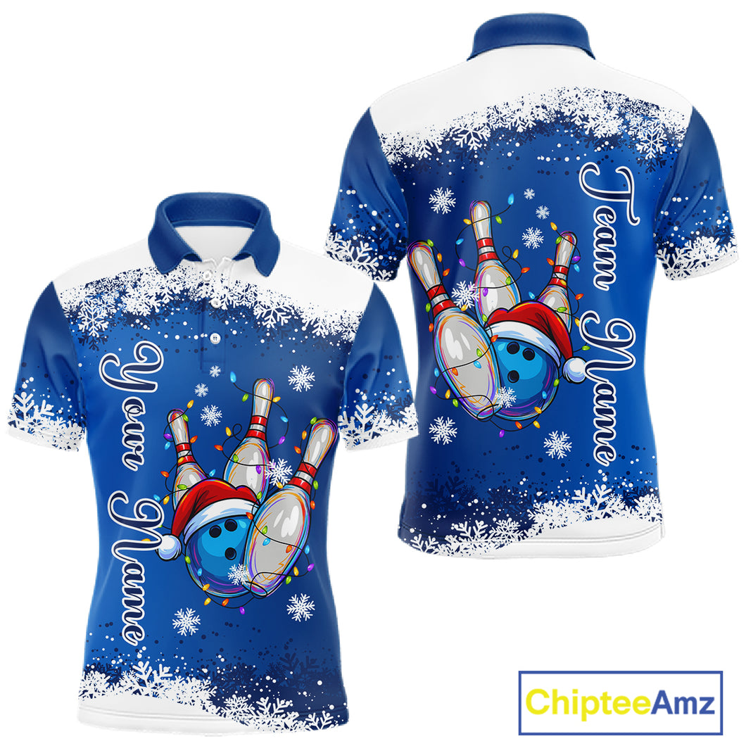 Blue and White snowflake Christmas Bowling Shirts For Men custom Xmas bowling team jersey with name NQS11026