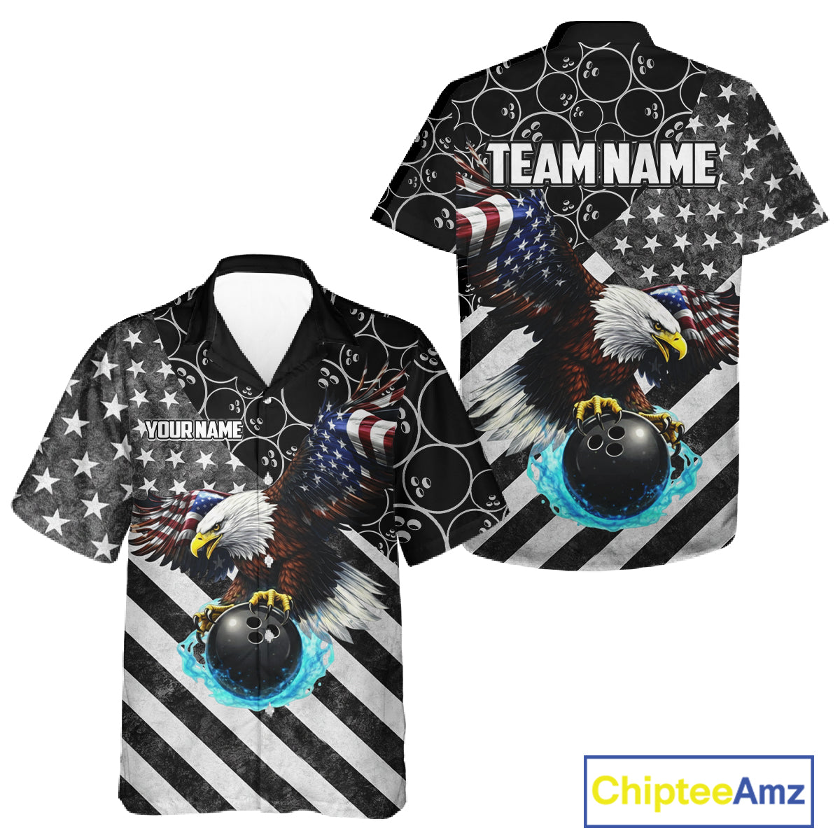 Black & White American flag Eagle Button-up bowling shirt custom Patriotic Bowling Team League Jersey NQS11424