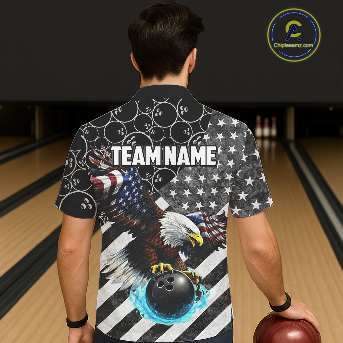 Black & White American flag Eagle Button-up bowling shirt custom Patriotic Bowling Team League Jersey NQS11424