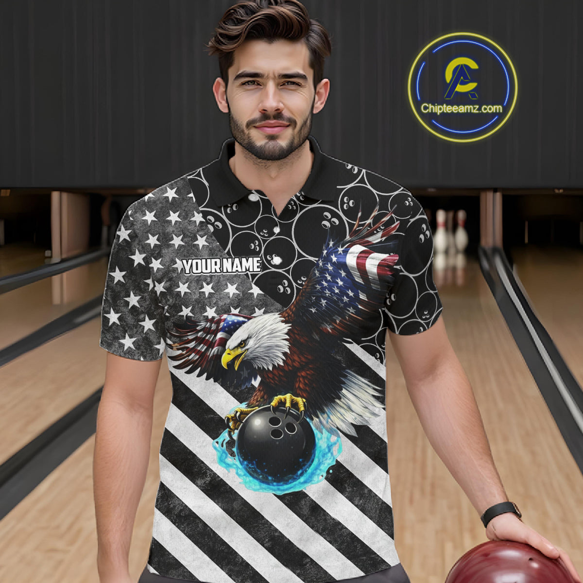 Black and White American flag Eagle Bowling shirt for men custom Patriotic Bowling Team League Jersey NQS11424