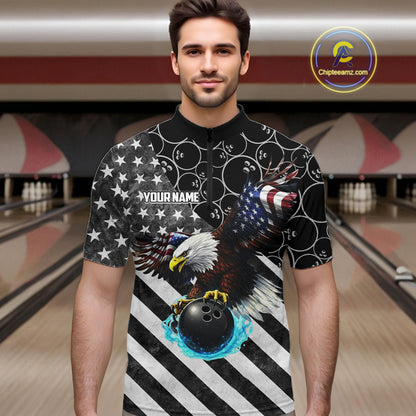 Black and White American flag Eagle Bowling shirt for men custom Patriotic Bowling Team League Jersey NQS11424