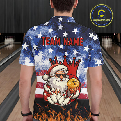 Custom American Flag Flame Funny Santa Christmas Bowling Shirts For Men, Bowling Team Jersey NQS11040