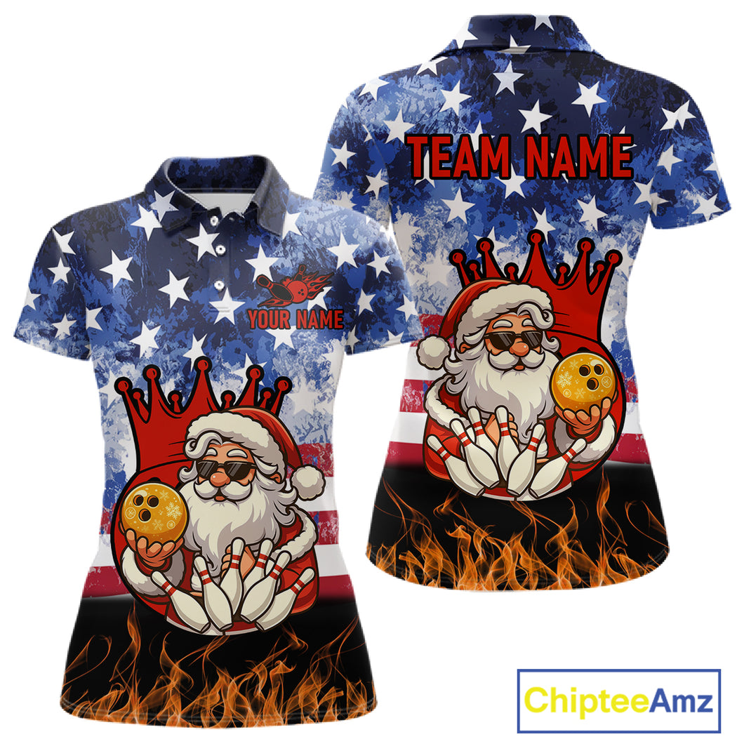 Custom American Flag Flame Funny Santa Christmas Bowling Shirts For Women, Bowling Team Jersey NQS11040