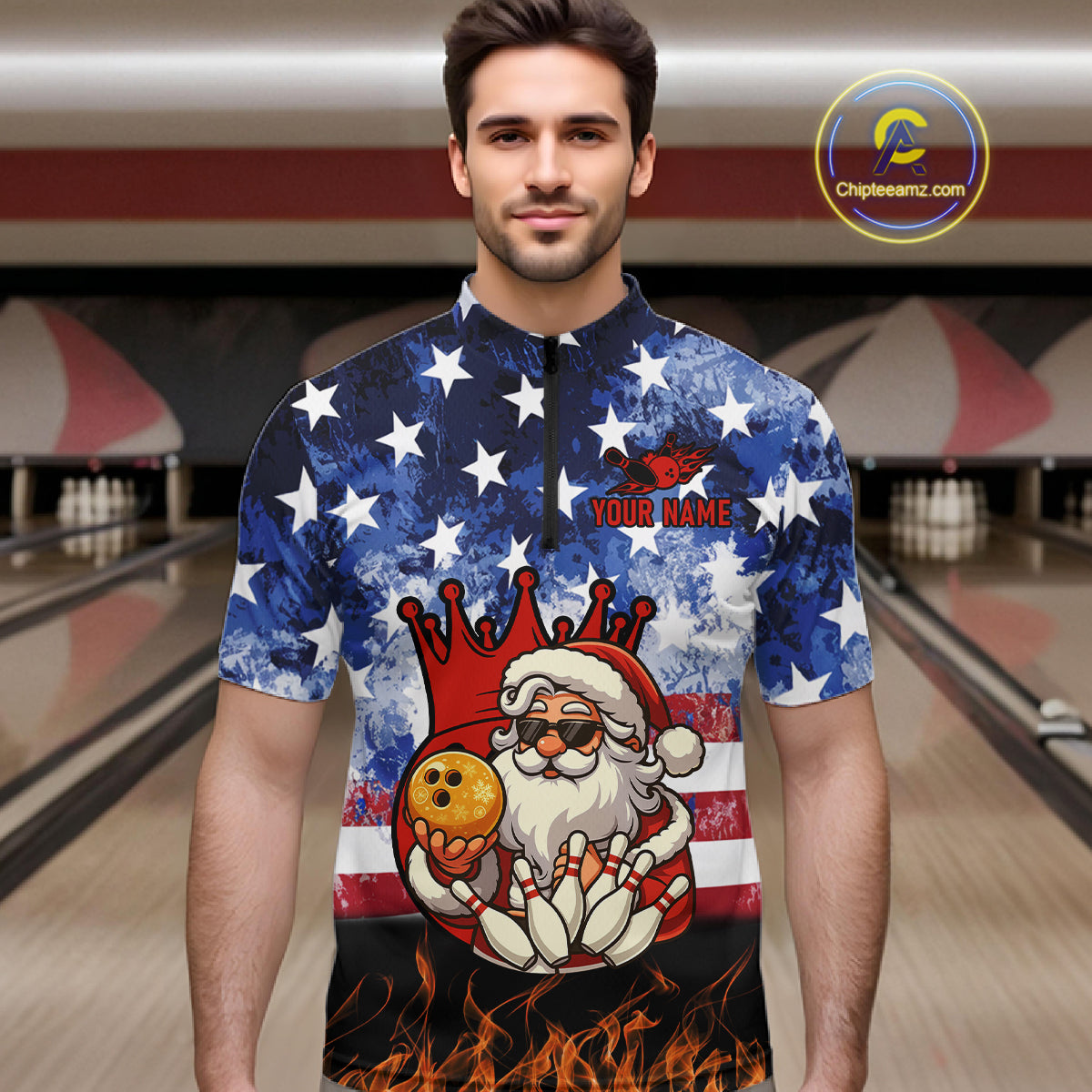 Custom American Flag Flame Funny Santa Christmas Bowling Shirts For Men, Bowling Team Jersey NQS11040