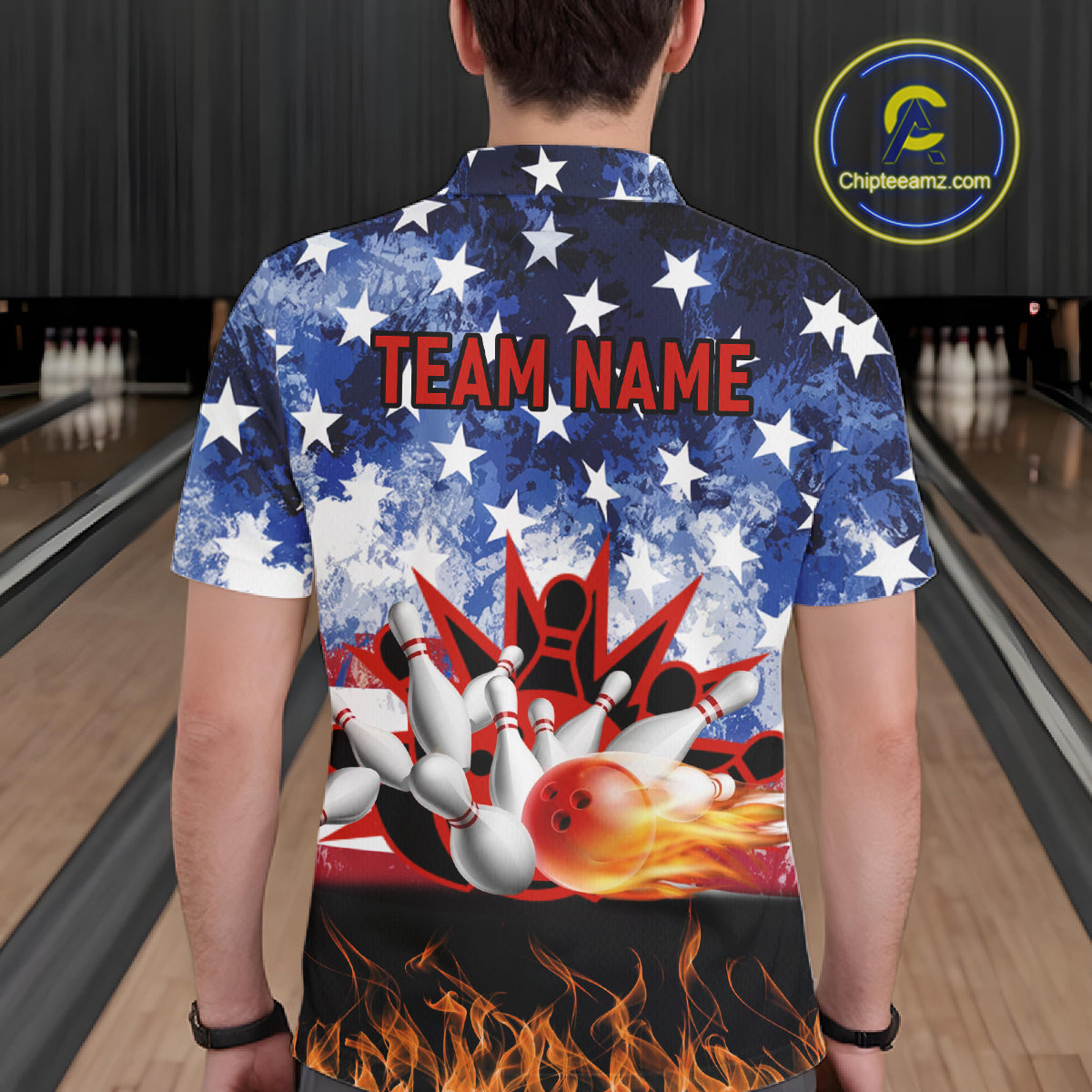 Custom American Flag Flame Bowling Polo, Quarter Zip Shirts For Men, Patriotic Bowling Team Jersey NQS11041