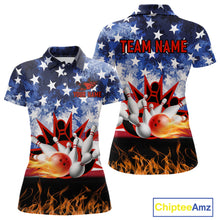 Load image into Gallery viewer, Custom American Flag Flame Bowling Polo, Quarter Zip Shirts For Women, Patriotic Bowling Team Jersey NQS11041