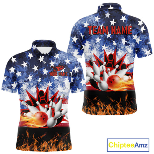 Custom American Flag Flame Bowling Polo, Quarter Zip Shirts For Men, Patriotic Bowling Team Jersey NQS11041