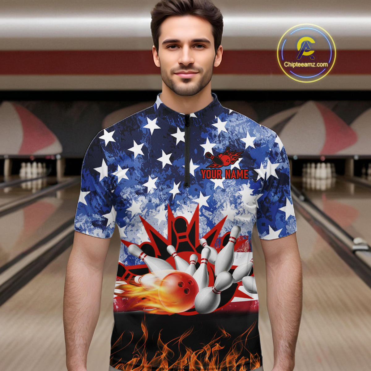 Custom American Flag Flame Bowling Polo, Quarter Zip Shirts For Men, Patriotic Bowling Team Jersey NQS11041