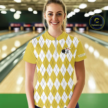 Load image into Gallery viewer, Yellow argyle pattern Beer Bowling Shirts For Women Custom My drinking team has a bowling problem NQS10862
