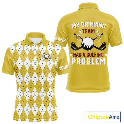 Yellow argyle pattern Beer Golf Polo Shirts For Men Custom My drinking team has a golfing problem NQS10863
