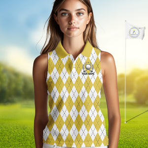Yellow argyle pattern Beer Women Sleeveless Polo Shirt Custom My drinking team has a golfing problem NQS10863