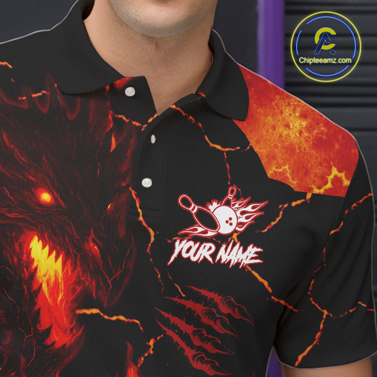 Dragon Flame Bowling Polo, Quarter Zip Shirts For Men Custom Dragon Bowling Team Jerseys NQS11049