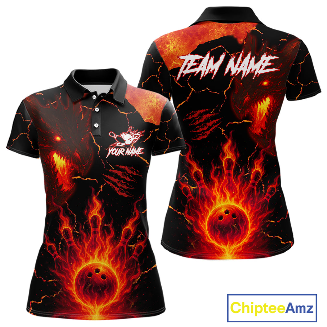 Dragon Flame Bowling Polo, Quarter Zip Shirts For Women Custom Dragon Bowling Team Jerseys NQS11049