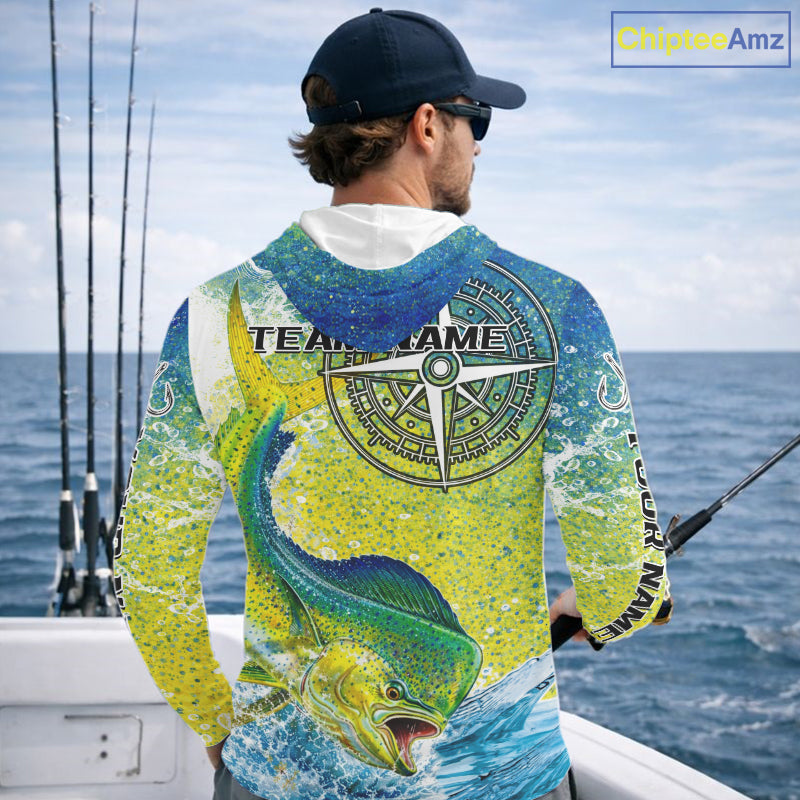 Personalized Mahi Mahi Fishing Shirts Green Scales Compass Performance Tournament Mahi Mahi Jerseys NQS11441