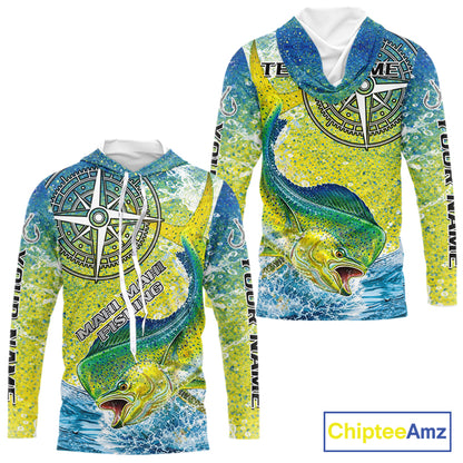 Personalized Mahi Mahi Fishing Shirts Green Scales Compass Performance Tournament Mahi Mahi Jerseys NQS11441