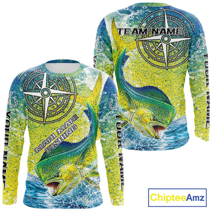 Personalized Mahi Mahi Fishing Shirts Green Scales Compass Performance Tournament Mahi Mahi Jerseys NQS11441