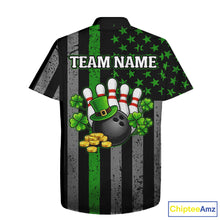 Load image into Gallery viewer, Custom Black Grunge US Flag Patriotic Bowling Button-up Shirt Green Shamrock St Patrick Team Jersey NQS11447