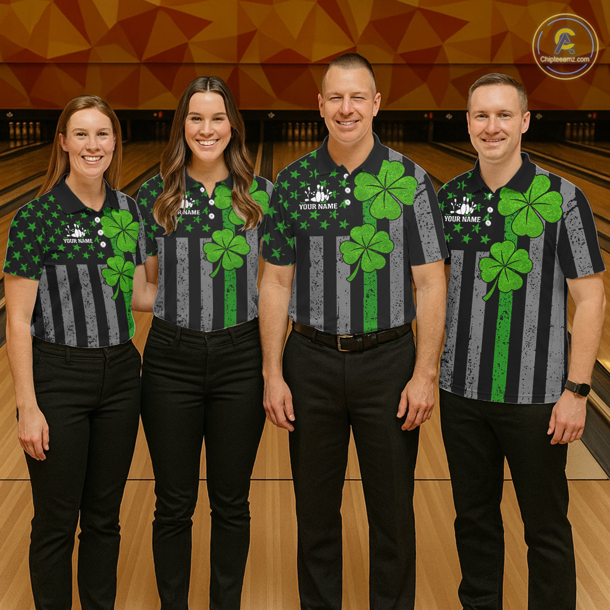 Custom Black Grunge US Flag Patriotic Bowling Shirt For Men Green Shamrock St Patrick Team Jersey NQS11447