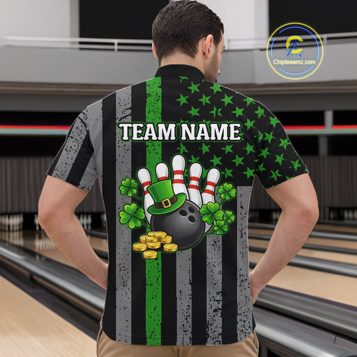 Custom Black Grunge US Flag Patriotic Bowling Shirt For Men Green Shamrock St Patrick Team Jersey NQS11447