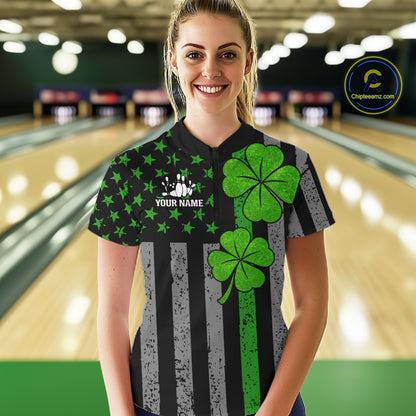 Custom Black Grunge US Flag Patriotic Bowling Shirt For Women Green Shamrock St Patrick Team Jersey NQS11447