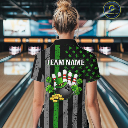 Custom Black Grunge US Flag Patriotic Bowling Shirt For Women Green Shamrock St Patrick Team Jersey NQS11447